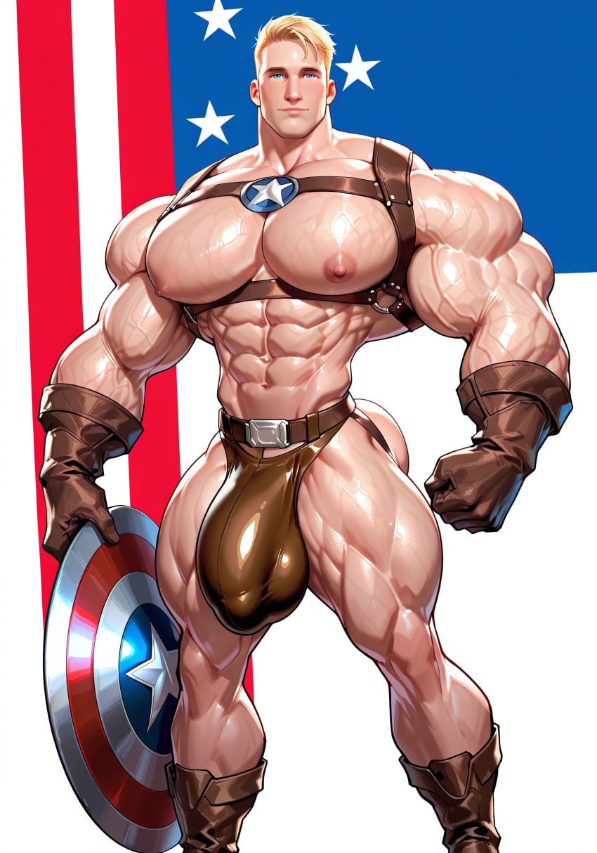 abs ai_generated american_flag ass bara biceps blonde_hair bodybuilder bubble_butt buff bulge butt captain_america chest_harness harness himbo hunk jockstrap jockstrap_only male male_focus male_only marvel marvel_cinematic_universe marvel_comics muscles muscular muscular_arms muscular_male muscular_thighs nipples patriotic pecs pectorals perfect_body posing shield solo solo_male steve_rogers superhero triceps underwear underwear_only yaoi