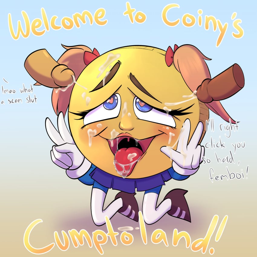 artist_request blush coin cryptoland cum cum_in_mouth cum_on_body cum_on_face dark_skin feminization floating_penis kneehighs parody parody_porn peace_sign ribbons skirt text tongue_out twintails