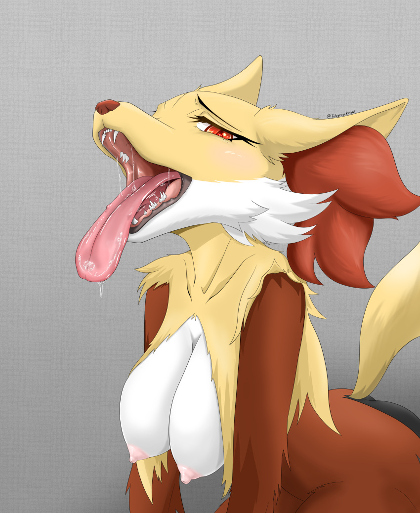 2022 absurd_res alternate_version_at_source anthro areola big_breasts black_body black_fur blush bodily_fluids breasts brown_body brown_fur brown_nose canid canine cheek_tuft delphox facial_tuft fangs female fur grey_background hi_res huge_breasts inner_ear_fluff kemono looking_at_viewer mammal multicolored_body multicolored_fur nintendo nipples open_mouth pokémon_(species) pokemon red_body red_eyes red_fur saliva saliva_on_tongue sharp_teeth simple_background solo teeth tongue tongue_out tuberosekotoki tuft video_games white_body white_fur yellow_body yellow_fur