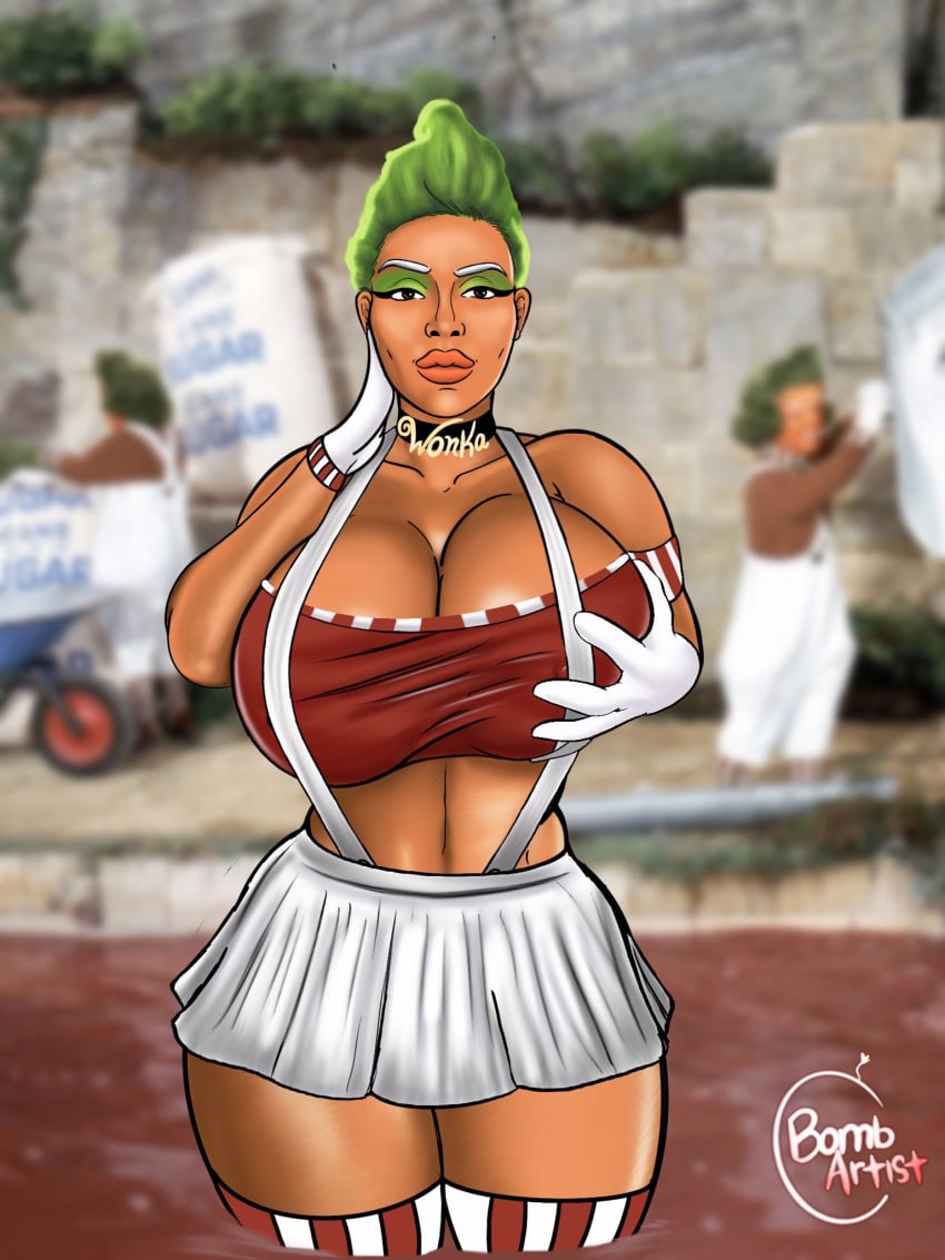 1girls artist_name big_breasts bombartist breasts brown_body brown_skin busty charlie_and_the_chocolate_factory cleavage curvaceous curvy curvy_figure dark-skinned_female dark_skin digital_drawing_(artwork) digital_media_(artwork) eyebrows eyelashes eyes green_eyes hair hips hourglass_figure human humanoid legs lips oompa_girl oompa_loompa original_character thick thick_legs thick_thighs thighs voluptuous wide_hips willy_wonka_and_the_chocolate_factory