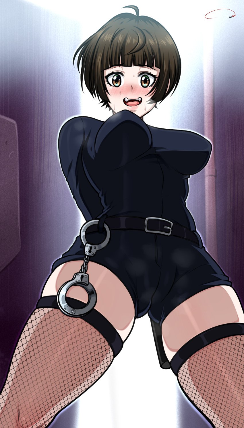 aldharoku blush female female_only fishnets fully_clothed handcuffs low-angle_view psycho-pass stockings sweat tagme tight_clothing tsunemori_akane