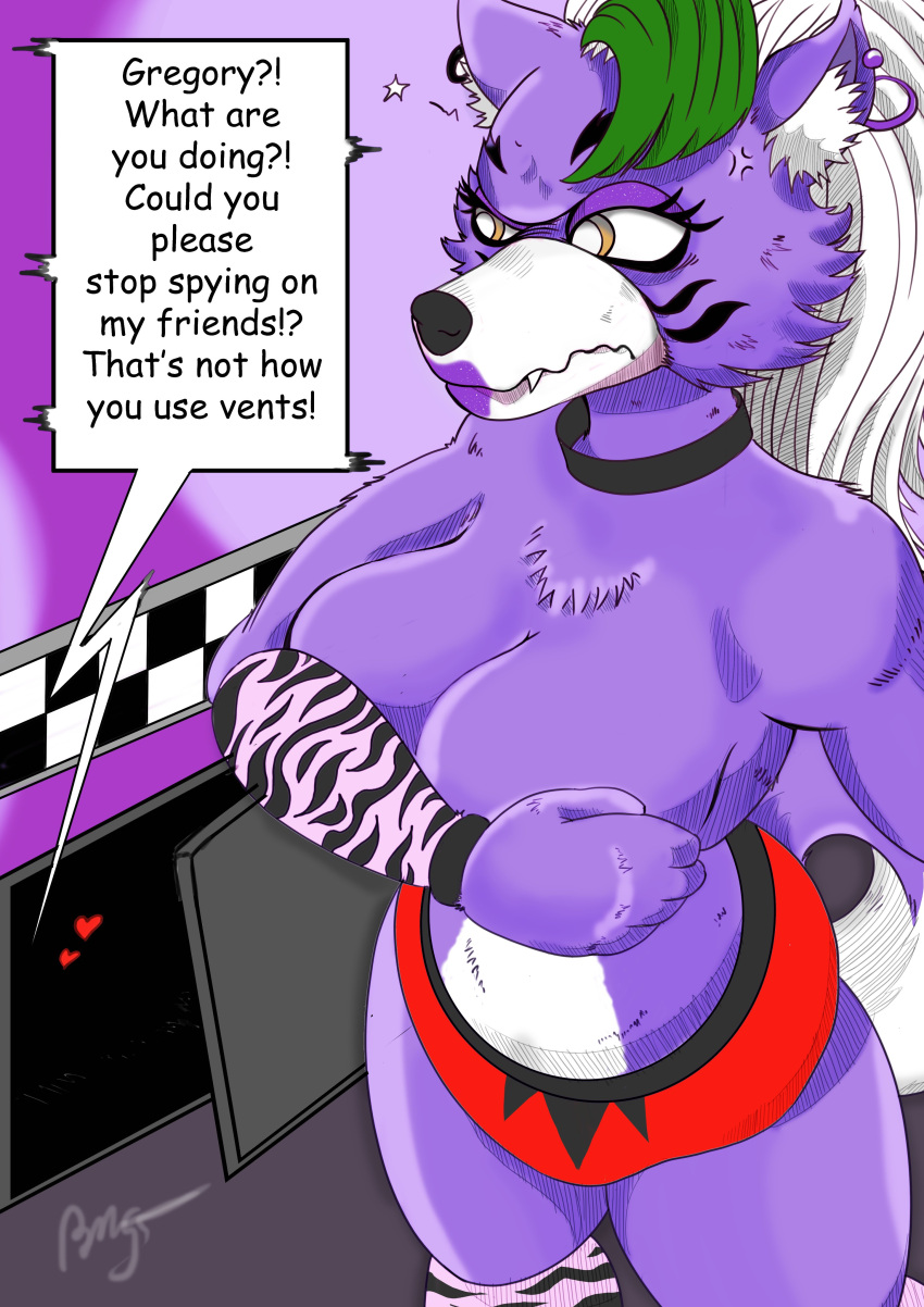 air_vent almost_naked angry animatronic anthrofied barragano big_ass big_breasts big_butt breasts caught covered_nipples covering covering_breasts embarrassed female five_nights_at_freddy's five_nights_at_freddy's:_security_breach fur furry gregory_(fnaf) huge_breasts punk punk_girl roxanne_wolf_(fnaf) topless topless_anthro topless_female wolf wolf_ears wolf_girl wolf_humanoid wolf_tail