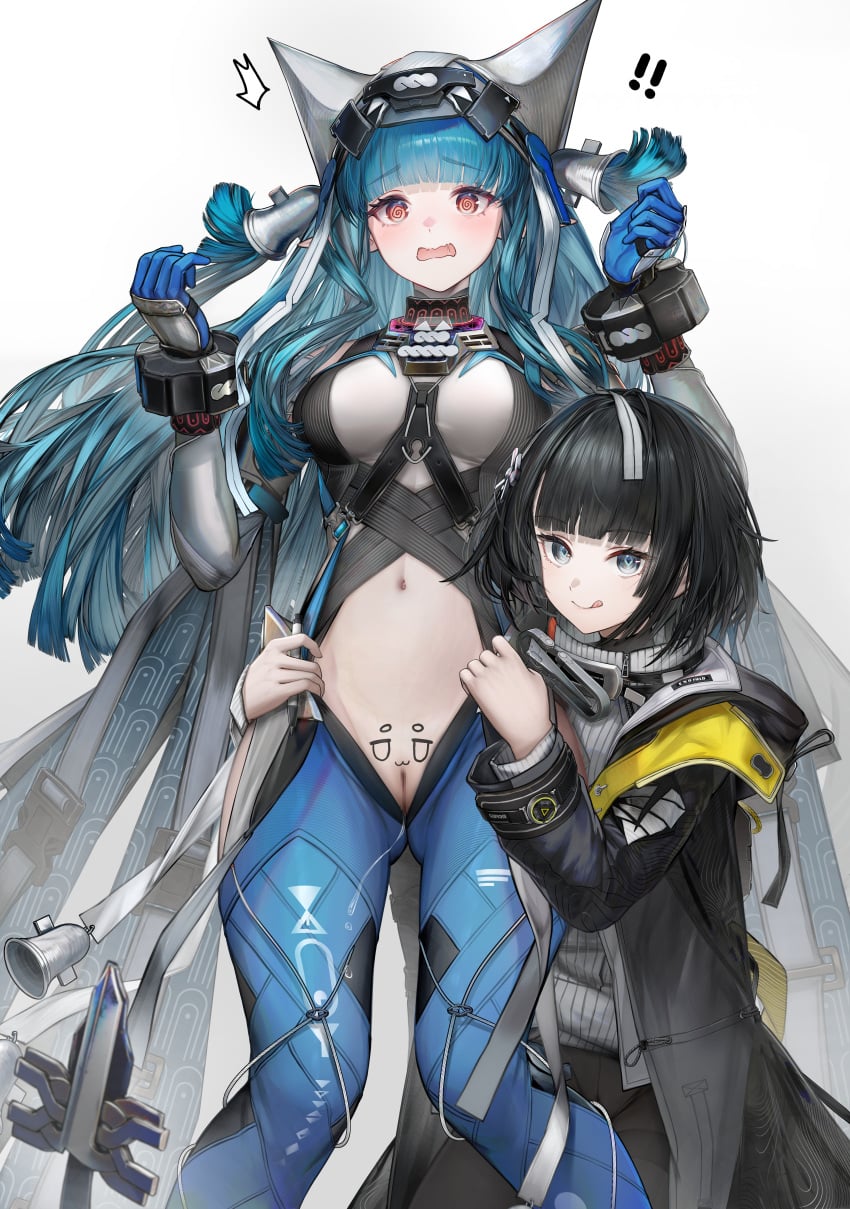 ! !! 2girls :q absurdres arknights arknights:_endfield black_coat black_hair blue_gloves blue_hair blue_hiphighs blunt_bangs body_writing breasts closed_mouth coat commentary cropped_shirt embarrassed endministrator_(arknights) english_commentary feet_out_of_frame female_endministrator_(arknights) gloves helmet highres hiphighs irvinetope large_breasts last_rite_(arknights) long_hair long_sleeves multiple_girls navel open_clothes open_coat open_mouth pussy shirt short_hair smile standing sweater tongue tongue_out white_helmet white_shirt white_sweater