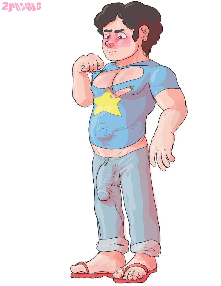 angry_face big_dick blue_shirt blush casual_boner casual_erection curly_hair embarrassed erect_nipples erect_nipples_under_clothes erect_penis erection erection_under_clothes erection_under_clothing flip_flops jeans looking_down male_only ripped_clothing ripped_shirt sandals steven_quartz_universe steven_universe t-shirt zahsosig