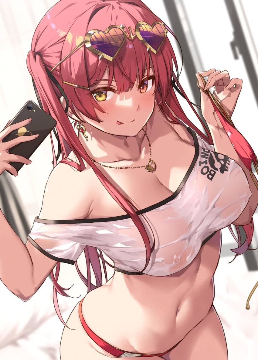 1girls 2022 bangs bare_shoulders blush breasts cellphone cleavage collarbone covered_nipples crop_top eyewear_on_head female female_focus female_only heart heart-shaped_eyewear heterochromia highres hololive hololive_fantasy hololive_japan houshou_marine large_breasts long_hair looking_at_viewer nanaku_teiru navel nipples_visible_through_clothing off-shoulder_shirt off_shoulder phone red_eye red_hair see-through see-through_clothing see-through_shirt shirt smile solo solo_female sunglasses sunglasses_on_head thighs tongue tongue_out transparent_clothing twintails virtual_youtuber wet wet_clothes white_shirt yellow_eye