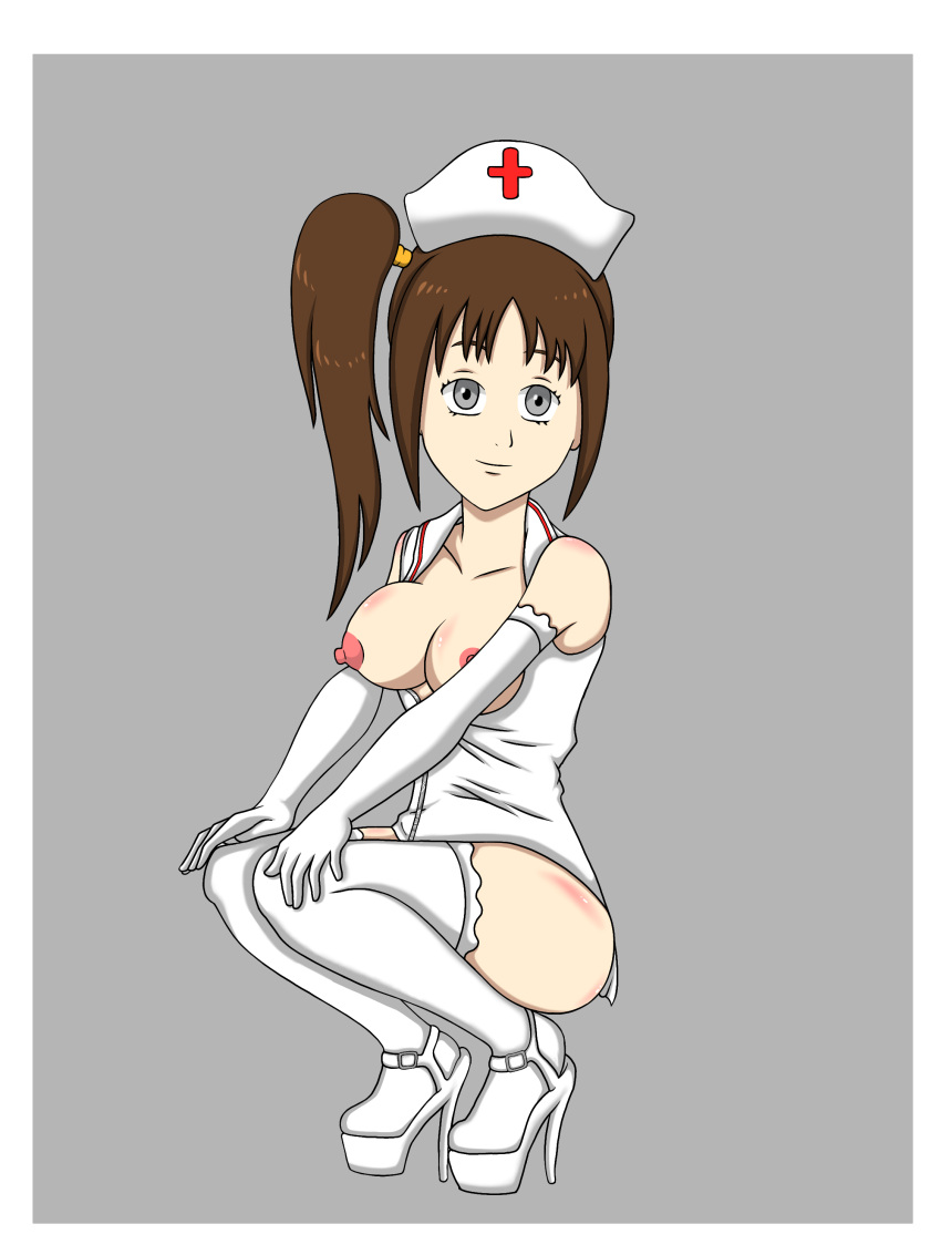 1girls bangs breasts breasts_out brown_hair elbow_gloves erect_nipples exposed_breasts female female_only gloves gray_background grey_background grey_eyes hands_on_knees jedi lah_kara lingerie long_gloves medium_breasts nipples no_bra nurse nurse_cap nurse_hat nurse_lingerie nurse_outfit ponytail side_ponytail silver_eyes squatting star_wars star_wars_visions stray_123 white_gloves white_high_heels white_legwear