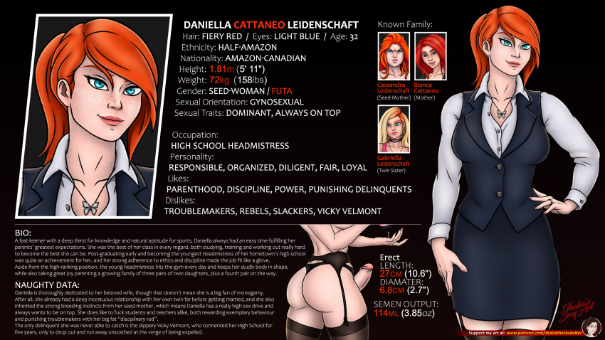 1futa ass black_panties blue_eyes breasts butterfly_necklace character_bio character_name character_sheet clothed clothing daniella_leidenschaft freckles_on_face fully_clothed futa_only futanari garter_belt headmistress human light-skinned_futanari light_skin orange_hair pale_skin patreon_username red_hair solo_futa standing stockings teacher text thalia_(artist) thaliadraws thighhighs twin_flame