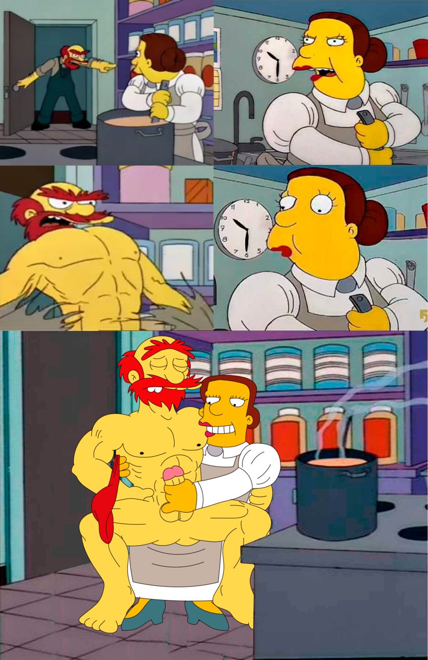 1boy 1girls cfnm doris doris_freedman groundskeeper_willie handjob lunch_lady male/female muscular_male pornography red_hair the_simpsons yellow_skin