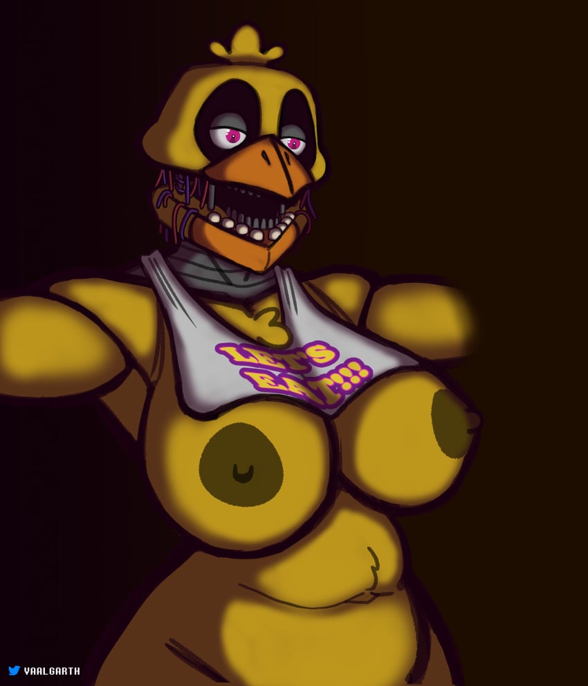 2022 absurd_res animatronic anthro avian beak belly bib big_breasts bird breasts chicken chubby_female exposed_breasts feather_tuft feathers female five_nights_at_freddy's five_nights_at_freddy's_2 galliform gallus_(genus) half-closed_eyes hi_res humanoid machine narrowed_eyes nipples nude open_mouth phasianid purple_eyes robot scottgames shaded simple_background slightly_chubby solo spread_arms tuft vaalgarth video_games withered_chica yellow_body