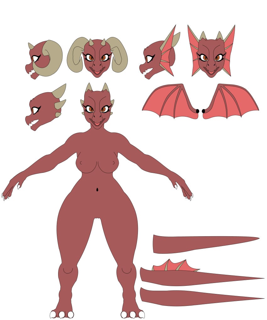 5:6 absurd_res anthro big_breasts breasts claws female fin genitals hi_res horn humanoid kobold kyramudkage nude pussy red_body solo thick_thighs wings