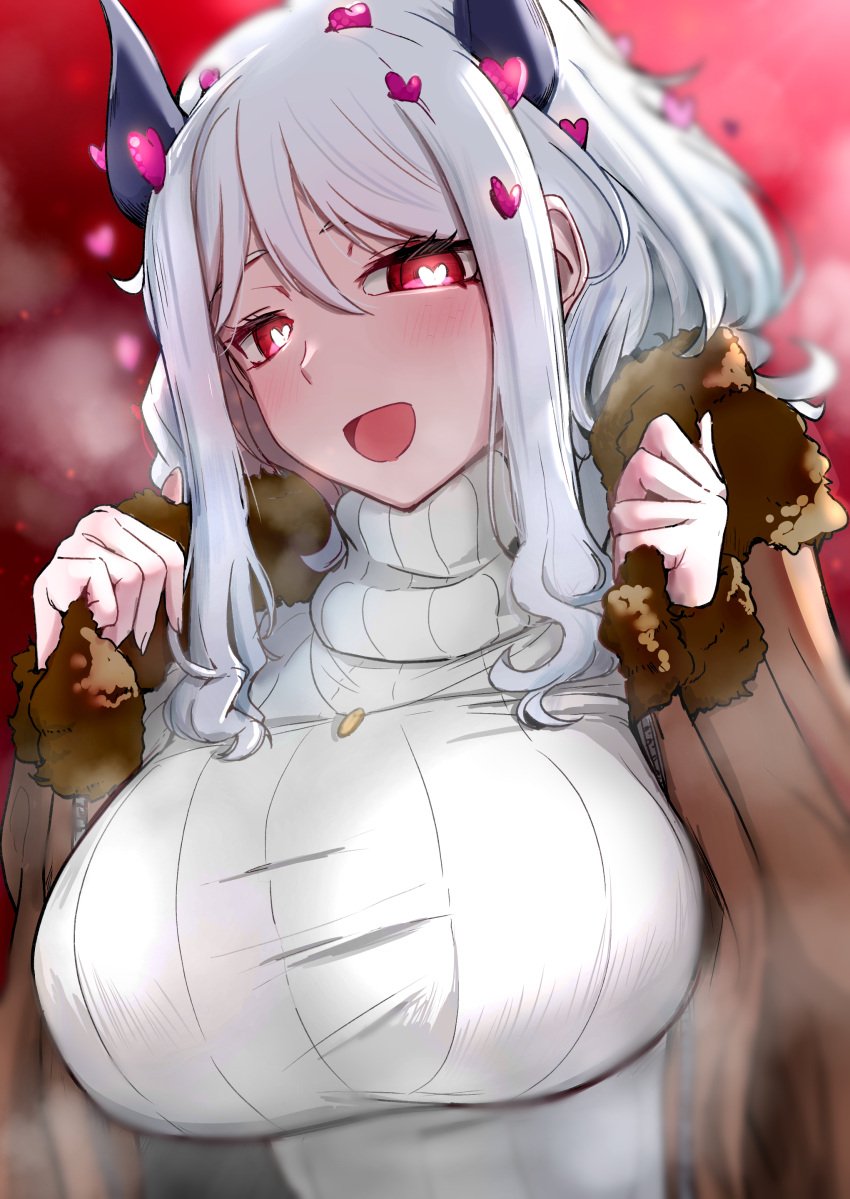 1girls blush breasts coat demon_girl demon_horns ekkusuren fur-trimmed_coat fur-trimmed_jacket fur_trim heart heart-shaped_pupils helltaker hi_res highres horns large_breasts looking_at_viewer modeus_(helltaker) open_mouth red_eyes ribbed_sweater short_hair smile straight_hair sweater symbol-shaped_pupils turtleneck turtleneck_sweater white_hair