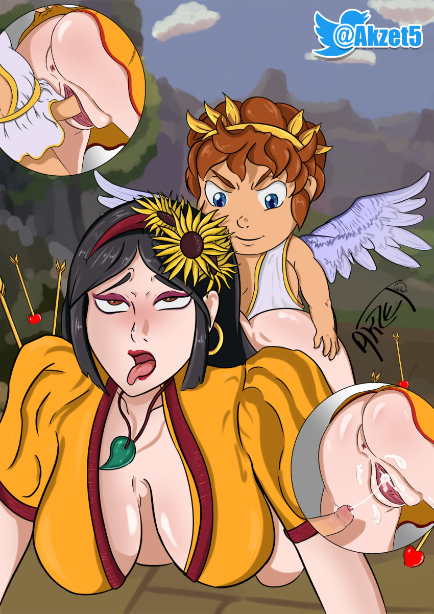 ahe_gao akzet amaterasu_(smite) anus big_breasts black_hair comic cupid_(smite) doggy_style female makeup male male/female nude_female older_female older_woman_and_younger_boy penis pussy smite testicles tongue_out vaginal_penetration white_skin younger_male younger_penetrating_older