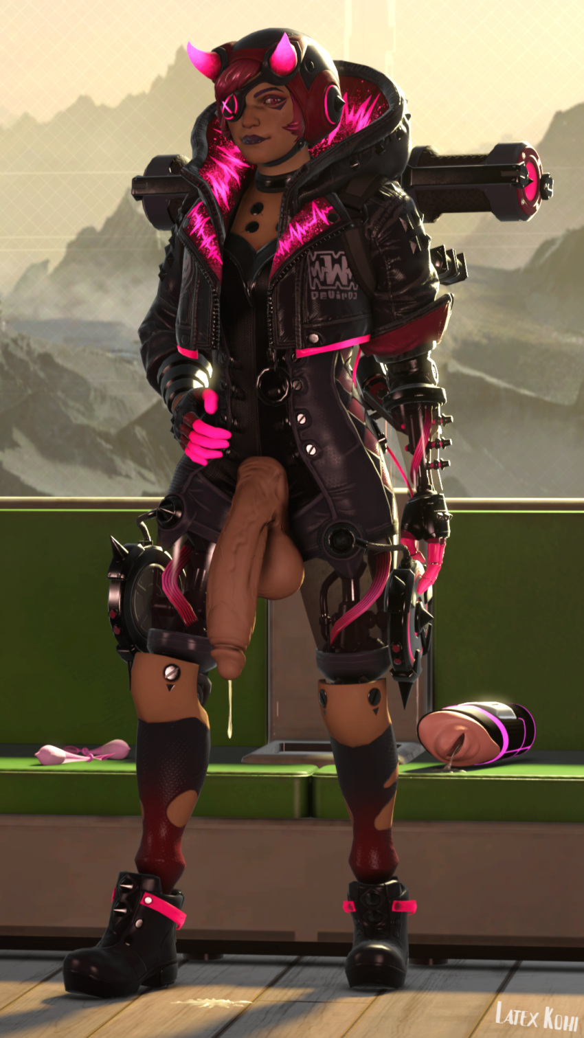 1futa 3d apex_legends condom cum cum_in_mouth cyberpunked_wattson dickgirl filled_condom flaccid fleshlight futa_only futanari goth horns large_penis latex_kohi pink_eyes pink_hair platform_boots punk skin_tight source_filmmaker tight_clothing veiny_penis wattson_(apex_legends)