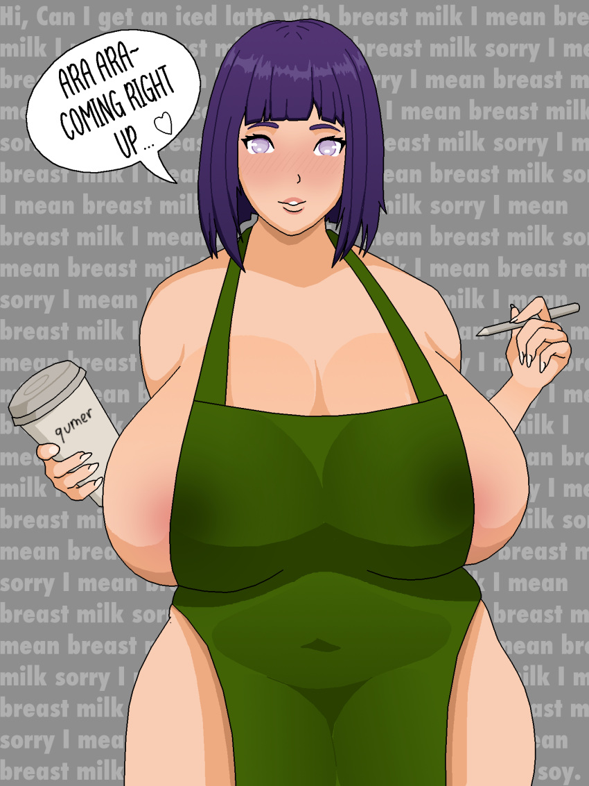 1girls apron ara_ara blush boruto:_naruto_next_generations color color_edit english_text female female_focus female_only huge_breasts hyuuga_hinata iced_latte_with_breast_milk light-skinned_female looking_at_viewer mature mature_female meme milf mother naked naked_apron naruto naruto_(series) nipple_slip purple_hair qumer sagging_breasts simple_background speech_bubble tommoku wife