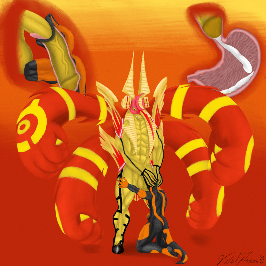 2021 5_fingers 6_arms abs absurd_res amphibian anthro anuberos anubian_jackal armor athletic athletic_anthro athletic_male balls big_balls big_penis black_body bodily_fluids canid canine canis closed_eyes cum cum_inside duo ejaculation erection fellatio fingers fire_salamander_(salamander) genital_fluids genitals hand_on_head hands_on_thighs hi_res hooves huge_cock hyper hyper_genitalia hyper_penis internal_oral jackal kneeling larger_male licking male male/male mammal markings max_(maxdamage_rulz) multi_arm multi_limb multicolored_body open_mouth oral orange_body organs penile penis penis_lick red_body salamander_(amphibian) sex signature simple_background size_difference smaller_male spectrobes stomach tongue tongue_out two_tone_body vein veiny_penis vexhaul_ramousa yellow_body