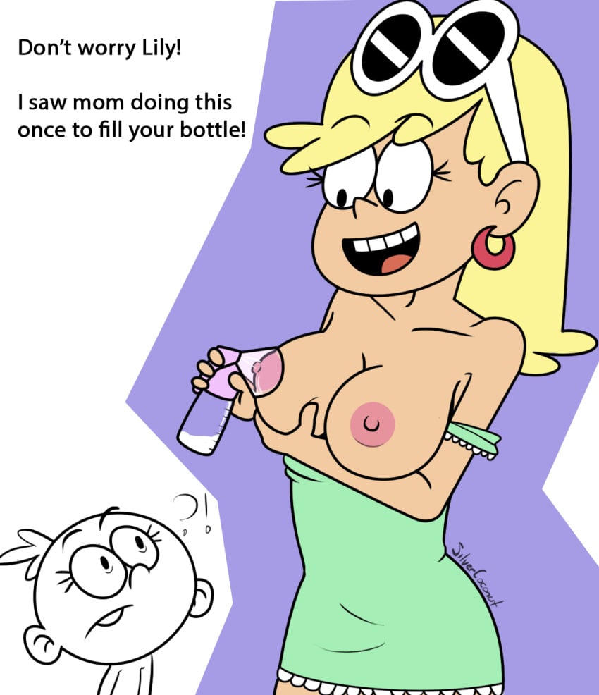 areolae baby big_breasts bottle breast_pump breast_squeeze breastfeeding clothing dialogue dress dress_down lactation large_breasts leni_loud lily_loud nickelodeon nipples signature silvercoconut sunglasses_on_head surprised the_loud_house