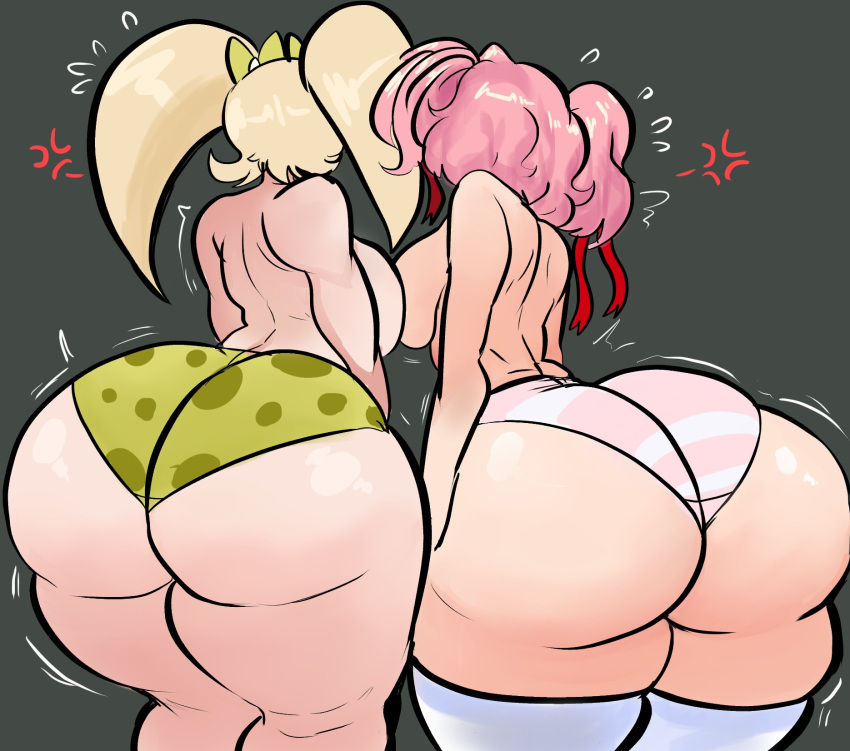 2girls angry ass ass_shake back_view backboob bare_back big_ass big_butt blonde_hair crossover danganronpa danganronpa_2:_goodbye_despair doki_doki_literature_club exposed_breasts fat_ass fat_butt female female_only heavy_bottom huge_ass lemonadepikachu natsuki_(doki_doki_literature_club) panties pink_hair saionji_hiyoko shaking_butt shimapan shortstack striped_panties thick_thighs thighhighs topless twintails