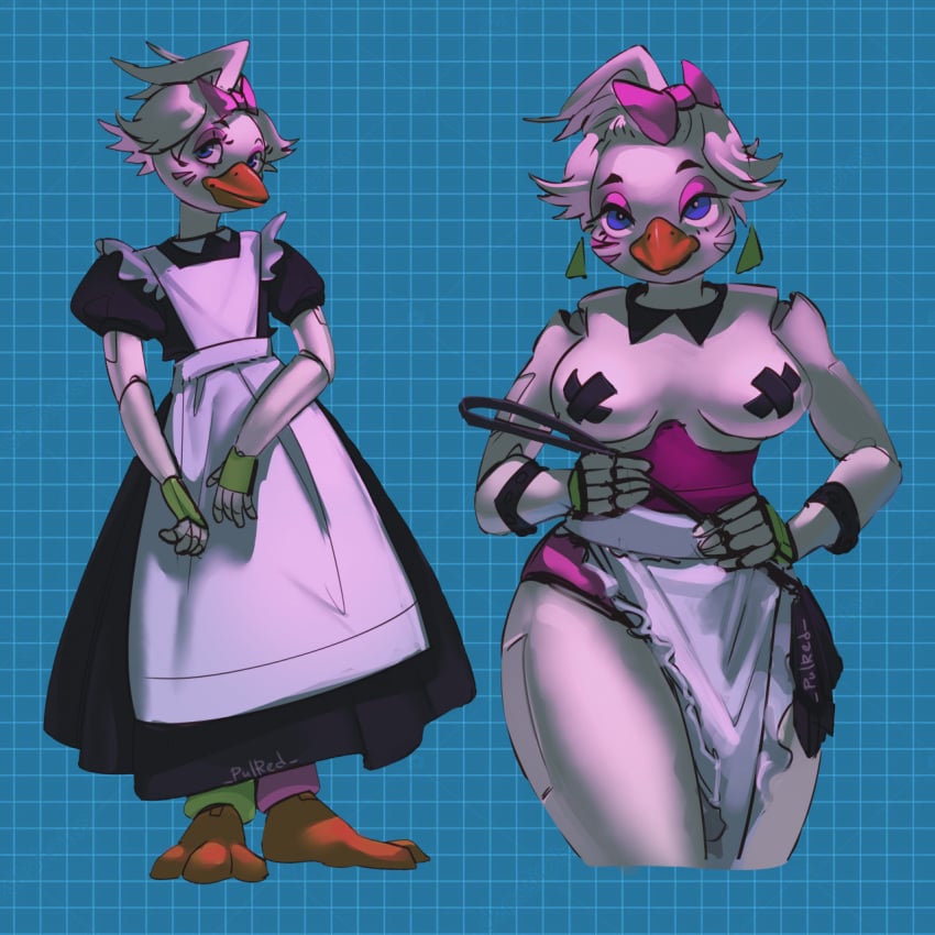 animatronic anthro apron avian bird bondage bow_tie breasts clothed clothing digital_drawing_(artwork) digital_media_(artwork) female five_nights_at_freddy's five_nights_at_freddy's:_security_breach front_view full-length_portrait glamrock_chica_(fnaf) hair half-length_portrait hi_res looking_at_viewer machine maid_uniform portrait pulred robot scottgames simple_background sketch solo tape uniform video_games whip