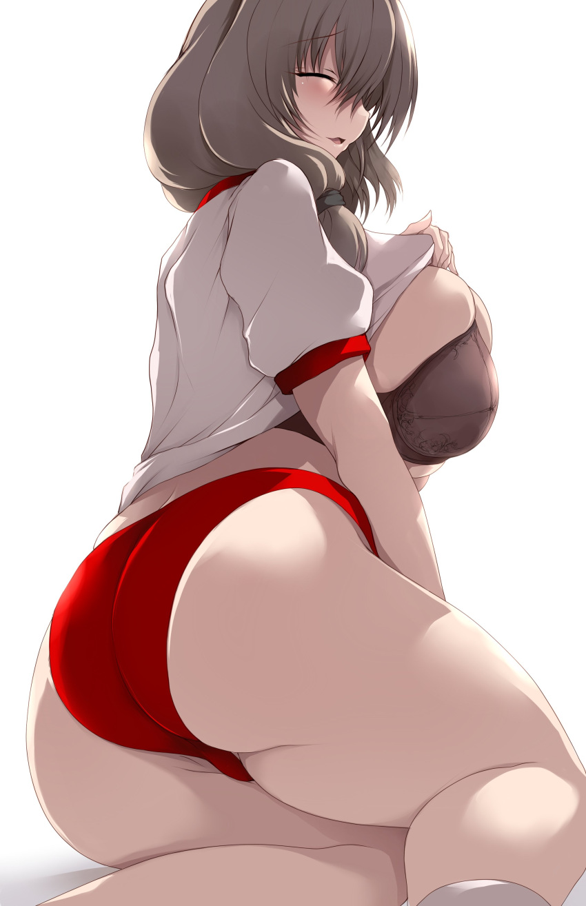 1girls 2022 ass black_bra bloomers blush bra breasts buruma female female_only grey_hair gym_clothes gym_uniform hi_res huge_breasts large_ass long_hair mature_female milf mother open_mouth red_bloomers side_ponytail sideboob simple_background skindentation thick_thighs thighs tsukasawa_takamatsu uzaki-chan_wa_asobitai! uzaki_tsuki white_background white_shirt workout_clothes