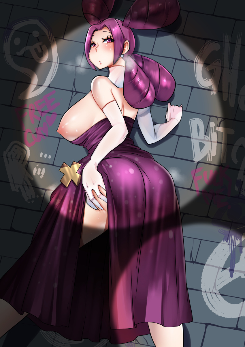 1girls 2022 against_wall alley alternate_breast_size areolae ass back back_view big_ass blush breasts breasts_out dress erect_nipples fantina_(pokemon) female female_only gym_leader hi_res kenron_toqueen large_areolae large_ass large_breasts long_hair long_legs looking_at_viewer looking_back melissa_(pokemon) nintendo nipples octoosr pokemon pokemon_dppt purple_dress purple_eyes purple_hair side_slit sideboob spotlight tall_girl thick_thighs thighs very_high_resolution visible_breath writing_on_wall