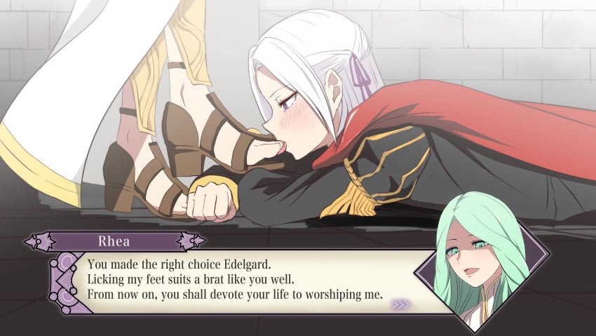 2girls armor bad_end barefoot blank_stare blush brainwashing brick_wall cape cracks defeated degradation dress edelgard_von_hresvelg english_text feet femdom femsub fire_emblem fire_emblem:_three_houses fist floor_tiles foot_fetish foot_focus foot_lick foot_worship footwear glowing_eyes good_end green_eyes green_hair high_heel_sandals hypnosis insult laying_down legs_crossed licking_foot lifting_leg long_hair looking_at_another looking_down looking_up mind_control nintendo praise resisting rhea_(fire_emblem) ribbon sandals shaded_face shin_guards smug staring submission sweat taunting teasing text text_box thinking unfocused_eyes white_hair worship yuri ze_r0_ze_r0