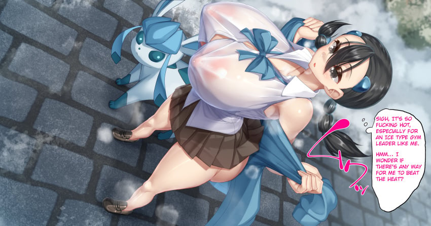 alternate_breast_size areolae ass black_eyes black_hair blue_sweater breasts candice_(pokemon) creatures_(company) curvy english_text female game_freak glaceon huge_ass huge_breasts kawahagitei long_hair miniskirt multiple_hair_ties nintendo nipples pokémon_(species) pokemon pokemon_(game) pokemon_dppt see-through shoes skirt sleeveless snow solo source_request standing sweater wide_hips