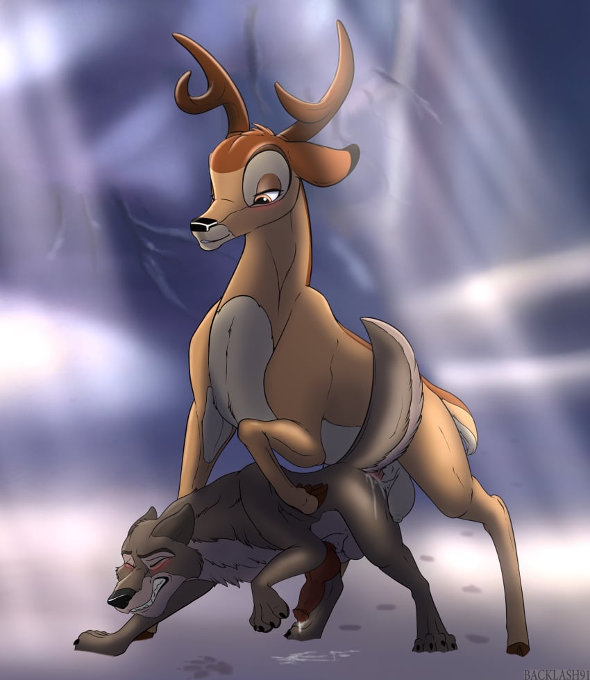 2022 anal anal_sex animal_genitalia animal_penis backlash91 balls balto balto_(film) bambi_(character) bambi_(film) bodily_fluids canid canine canine_penis canis cervid conditional_dnp crossover cum cum_in_ass cum_inside disney duo feral genital_fluids genitals hi_res knot male male/male mammal penetration penis sex wolf zoophilia