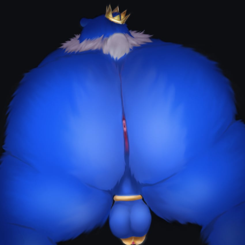 1:1 anthro ass big_butt blu3be4ry blue_body blue_fur chastity_cage chastity_device crown fur gold_(metal) gold_jewelry hi_res jewelry male male/male mammal presenting presenting_hindquarters ursid