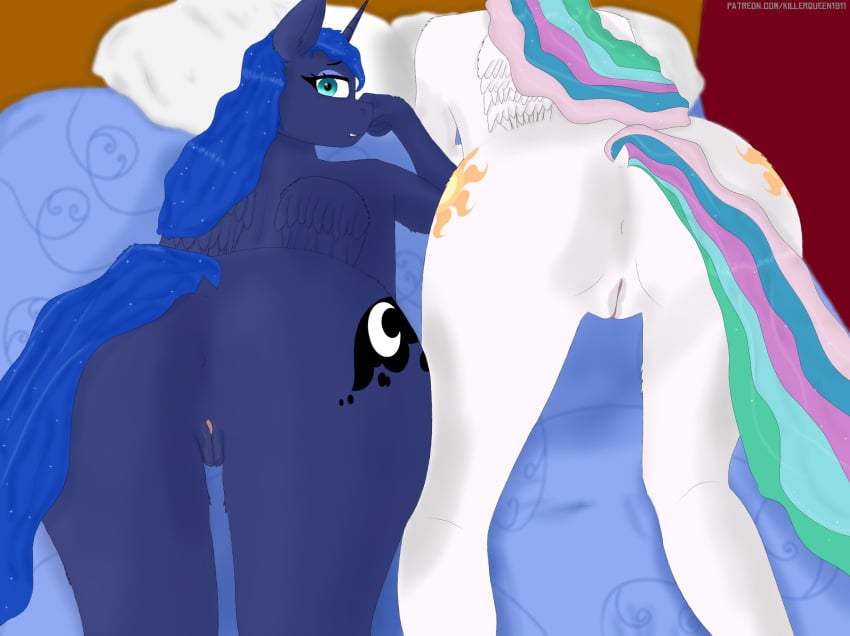 alicorn anthro anus aroused ass bed bedroom bedroom_eyes bent_over bite biting_lip blue_body blue_eyes blue_fur blue_hair bodily_fluids clitoris cutie_mark duo equid equine eyelashes eyeshadow female female/female friendship_is_magic fur furniture genital_fluids genitals hair hasbro hi_res horn horse inner_ear_fluff killerqueen1911 kneeling looking_at_viewer looking_back makeup mammal marehood multicolored_hair multicolored_tail my_little_pony narrowed_eyes pony presenting presenting_anus presenting_hindquarters presenting_pussy princess_celestia_(mlp) princess_luna_(mlp) pussy pussy_juice raised_tail seductive sibling simple_background sister sisters sparkles thigh_gap tuft white_body white_fur wings