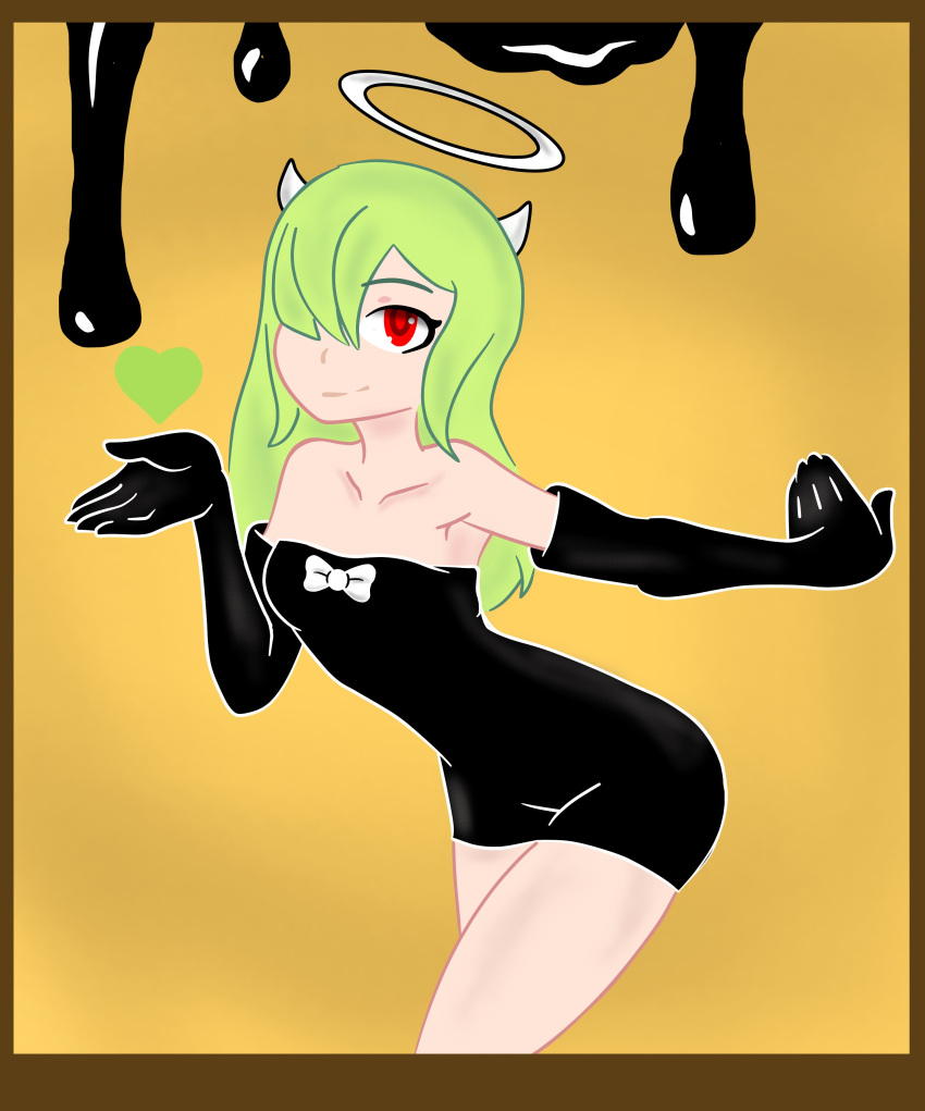 1girls alice_angel bendy_and_the_ink_machine cami_(fnafhs) cosplay fhs fhsz3r0 fnafhs fnafhs_z3ro fnafhsrule34 green_hair horns imjean13 ink pose posing red_eyes small_breasts