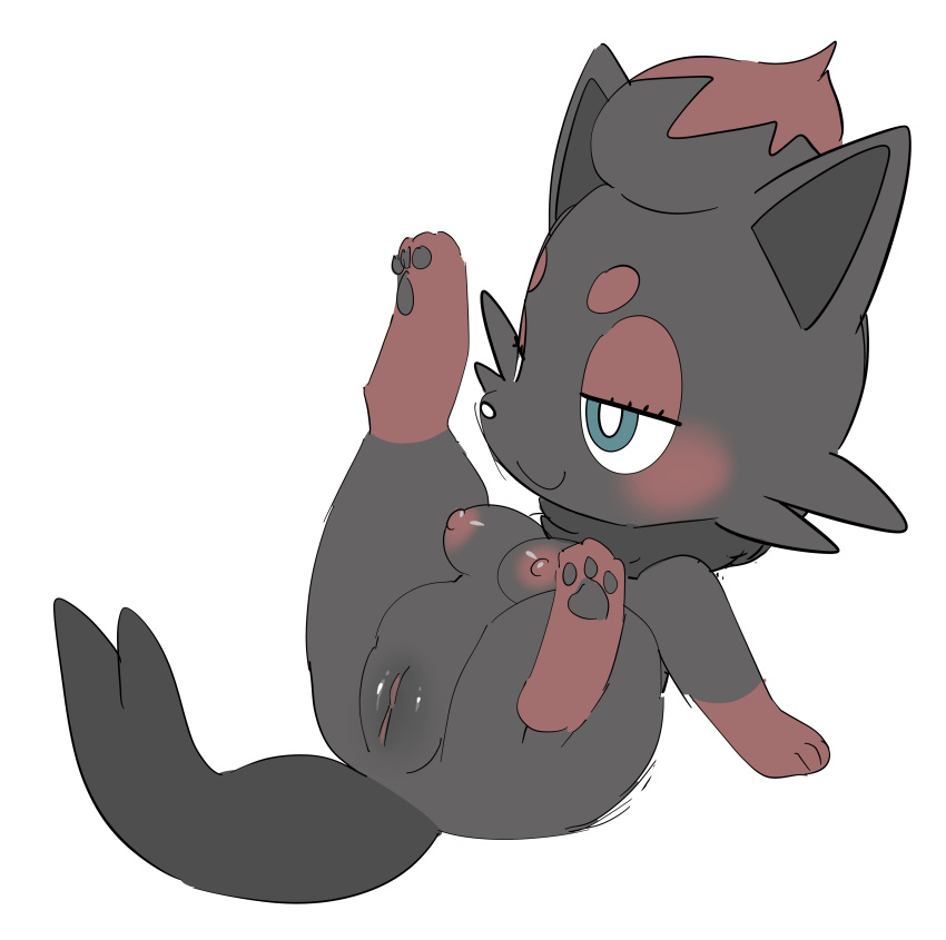 absurd_res anthro black_body black_fur blush breasts female fur genitals hi_res legs_up nintendo pokémon_(species) pokemon pokemon_(species) pussy simple_background solo uyu video_games white_background zorua