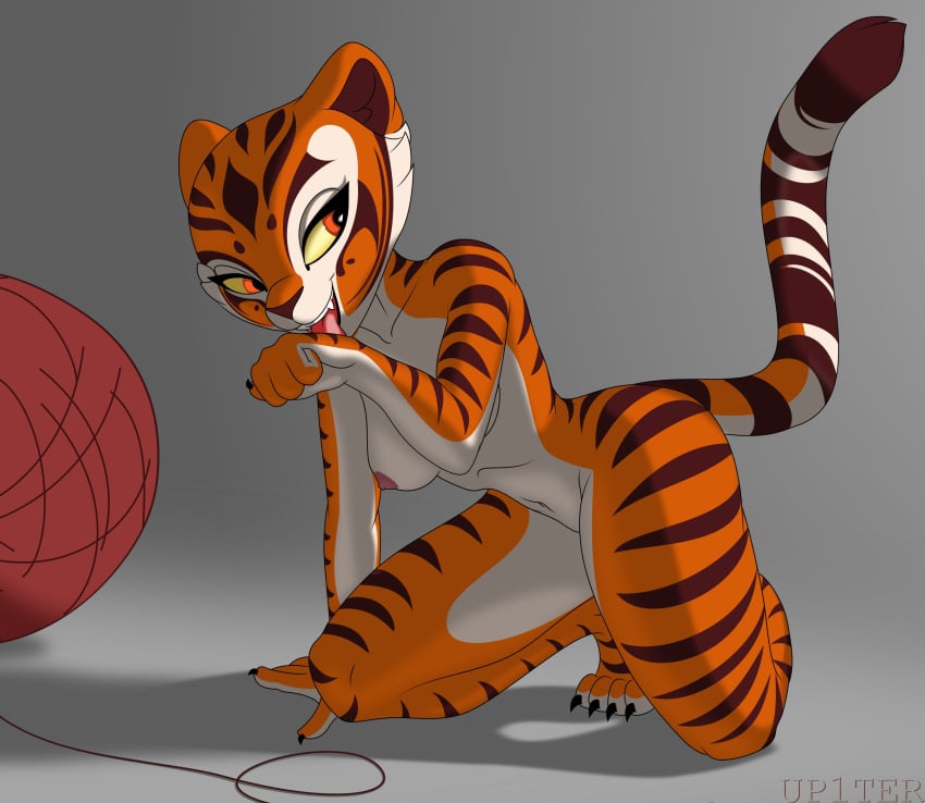 2022 anthro areola ball_of_yarn breasts dreamworks fangs felid female fur hand_lick hi_res kung_fu_panda looking_at_viewer mammal markings master_tigress navel nipples nude pantherine solo striped_body striped_fur striped_markings striped_tail stripes tail_markings teeth tiger tongue tongue_out up1ter yarn