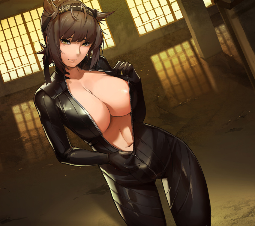 alternate_breast_size alternate_costume bangs black_bodysuit black_gloves blunt_bangs bodysuit breasts brown_hair center_opening cleavage closed_mouth dutch_angle female gloves hair_flaps hairband hatsuzuki_(kantai_collection) headband highres indoors kantai_collection large_breasts looking_at_viewer lynus navel no_bra older photoshop_(medium) pillar reflection short_hair skin_tight smile solo standing stomach unzipped unzipping window yellow_eyes