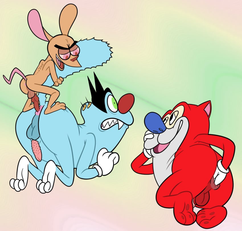 3boys anal anal_penetration anal_sex annie-mae ass crossover feline_penis fingering_ass fingering_self gay hi_res nickelodeon obese obese_male oggy oggy_and_the_cockroaches ren_and_stimpy ren_hoek sex stimpy xilam