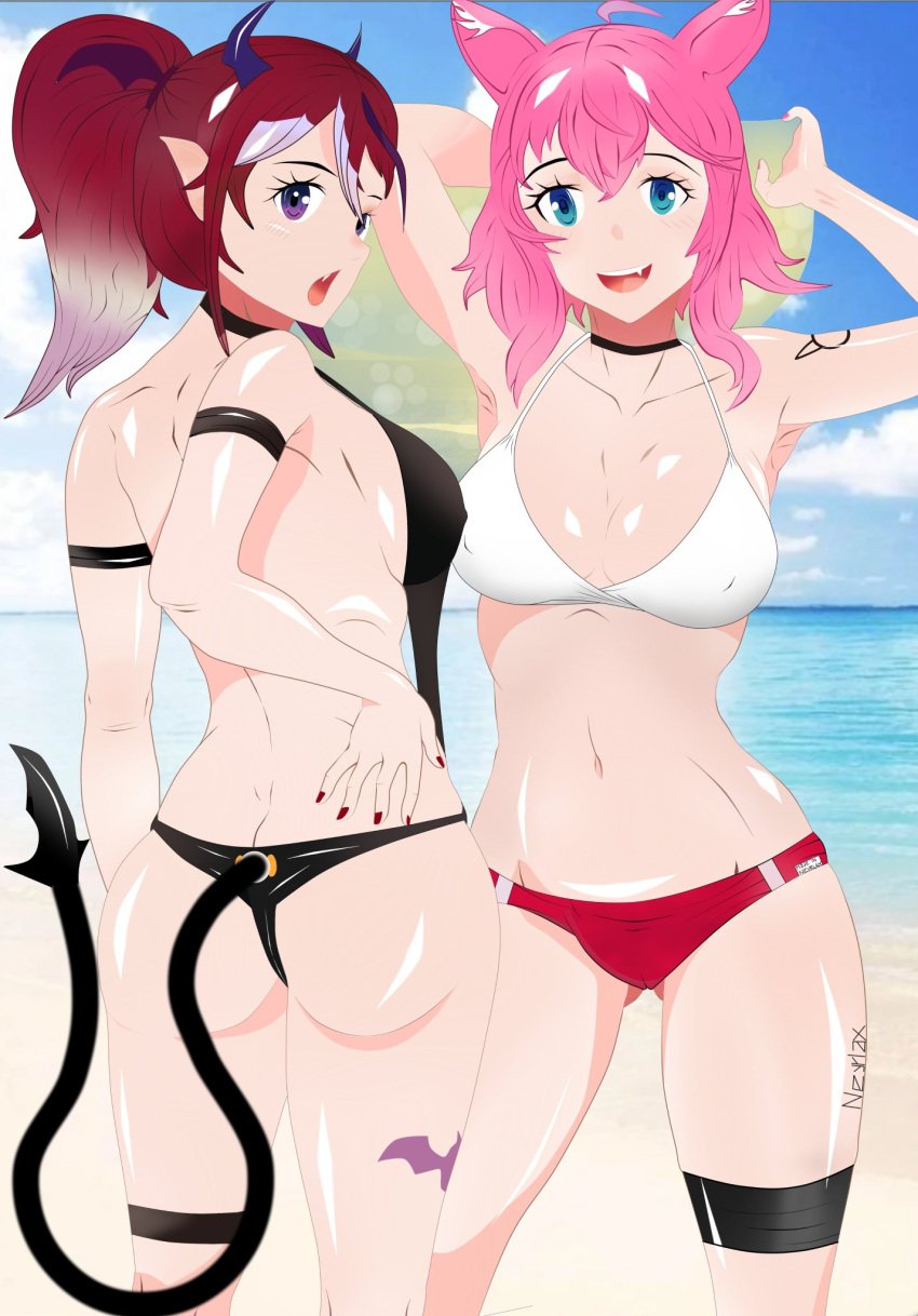 2girls anime_onegai beach bikini blue_eyes cat_ears cat_girl cloud dengeki_onegai female_only hoku_roboto horns looking_at_viewer looking_back_at_viewer medium_hair neyrlax nyami_g ocean open_mouth pink_hair pointy_ears ponytail purple_eyes red_hair smile succubus swimsuit two_tone_hair