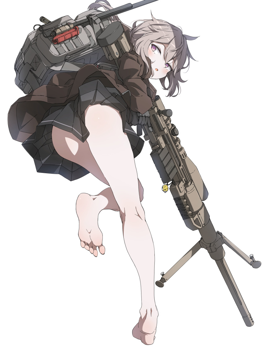 1girls absurdres ass backpack bag bare_legs barefoot bipod black_gloves black_skirt bolt_action brown_jacket feet girls'_frontline gloves grey_hair gun holding holding_gun holding_weapon jacket kneepits light_purple_eyes long_sleeves looking_at_viewer looking_back m200_(girls_frontline) miniskirt pleated_skirt rifle short_hair simple_background sniper_rifle soles solo tai_san_ps4 toes trigger_discipline weapon white_background