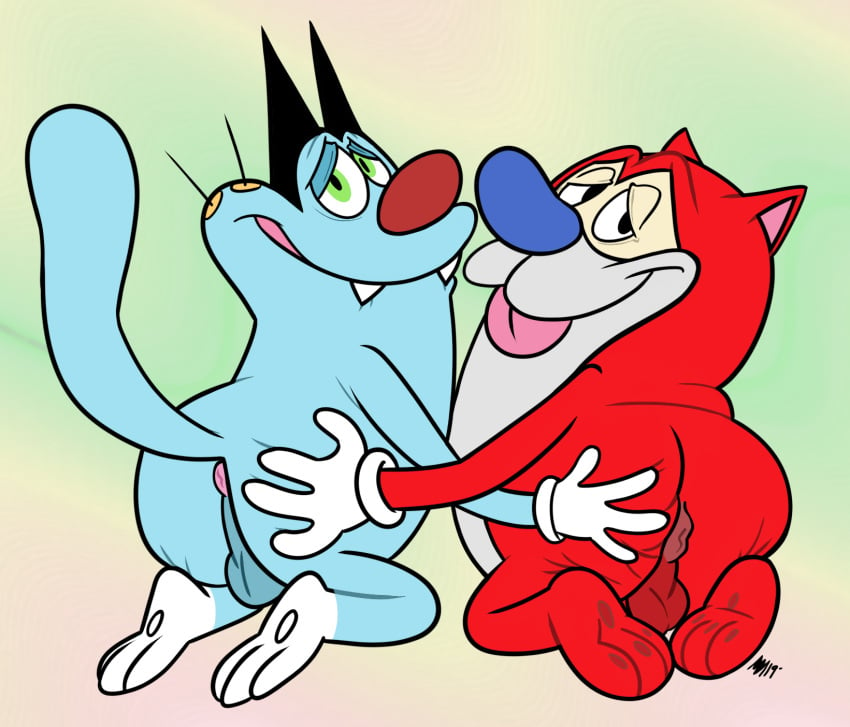 2boys :3 annie-mae blue_fur cat_ears crossover feline feline_humanoid gay hand_on_ass laying_down nickelodeon oggy oggy_and_the_cockroaches red_fur ren_and_stimpy stimpy xilam