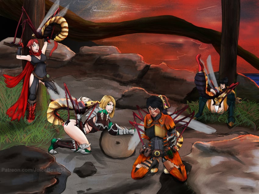 4girls 4monsters anal anal_sex armor armored_boots armored_gloves ass black_hair blonde_hair boots breasts bug clenched_teeth clothed_female clothed_sex clothing coral_pukei-pukei_(armor) defeated defeated_heroine exposed_pussy female from_behind green_eyes insects interspecies juiceboxr34_(artist) kulve_taroth_(armor) long_hair male monster_hunter monster_hunter_world monster_rape nipples odogaron_(armor) open_mouth outside outside_sex penetration penis pussy rape red_hair restrained scarf short_hair size_difference spread_legs torn_clothes vespoid wasp white_panties wide_eyed wide_hips zinogre_(armor) zoophilia