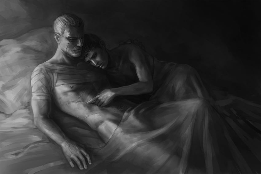 2boys abs arm_around_shoulders bandage bandages black_and_white dark_hair daud dishonored dishonored_2 dishonored_3 eneada eneada_(artist) gay in_bed laying laying_down laying_on_back laying_on_bed laying_on_side looking_down lying_down lying_on_back lying_on_bed lying_on_side male male/male male_focus male_only naked nipples older_man_and_younger_boy pecs pectorals pillow scar scars sheets short_hair smaller_male the_outsider under_covers white_hair