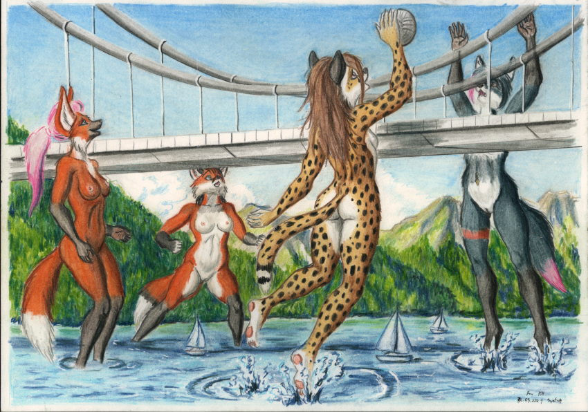 2021 anthro ass biped boat breasts bridge canid canine canis cheetah detailed_background digital_drawing_(artwork) digital_media_(artwork) felid feline female fox fur genitals group hi_res macro mammal nipples nude outside pussy river sport spots spotted_body spotted_fur syntech vehicle volleyball watercraft wolf