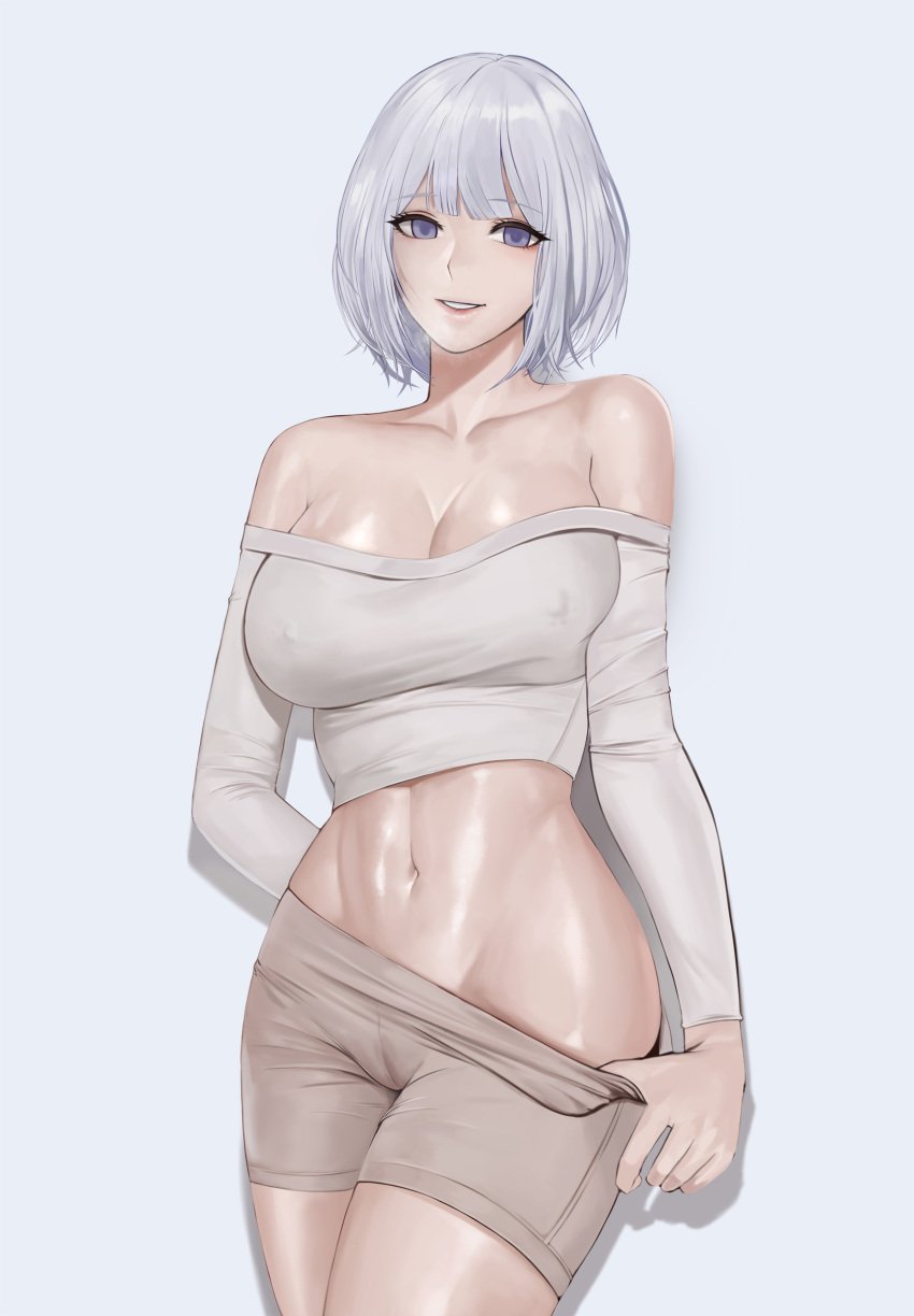 abs absurdres bare_shoulders breasts cleavage covered_nipples female gcg girls'_frontline highres leggings leggings_pull long_sleeves looking_at_viewer navel off-shoulder_shirt off_shoulder purple_eyes rpk-16_(girls'_frontline) seductive_smile shirt short_hair skin_tight skindentation smile solo white_background white_hair