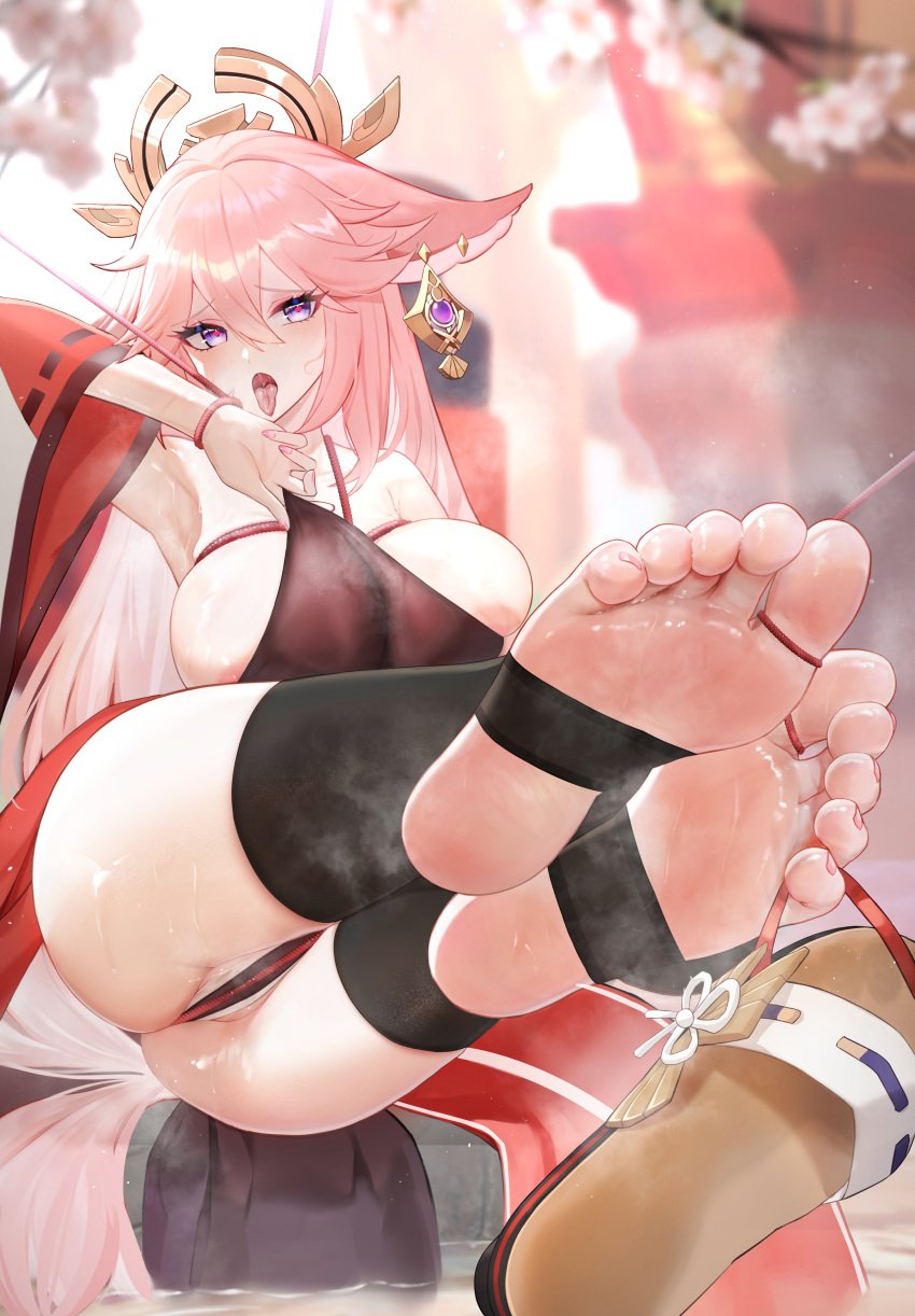 cute ear_piercing earrings feet feet_up foot_fetish footprint_on_sandals fox_ears genshin_impact heart-shaped_pupils japanese_clothes large_breasts pink_hair rope rope_bondage stirrup_legwear sweatprint tagme tongue_out ursica wet wet_pussy yae_miko