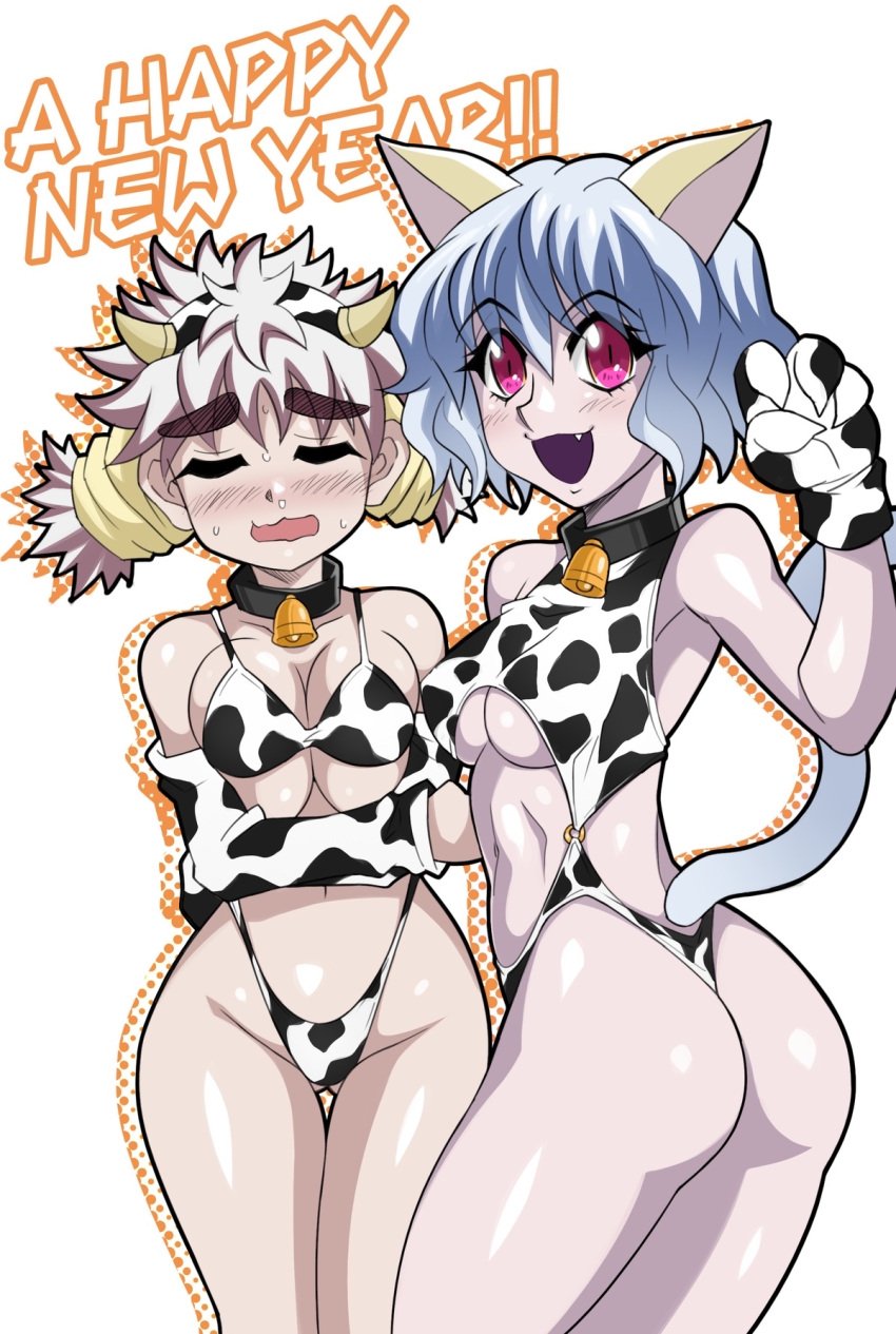 2girls animal_ears ass big_ass blind breasts cat_ears cat_girl cat_tail chimera_ant cow_bell cow_girl cow_horns cow_print cowboy_shot curvy duo female female_only highleg hoimin human humanoid hunter_x_hunter komugi large_breasts neferpitou nekomimi pale-skinned_female pale_skin presenting shounen_jump tagme tail thick_thighs villainess white_hair wide_hips