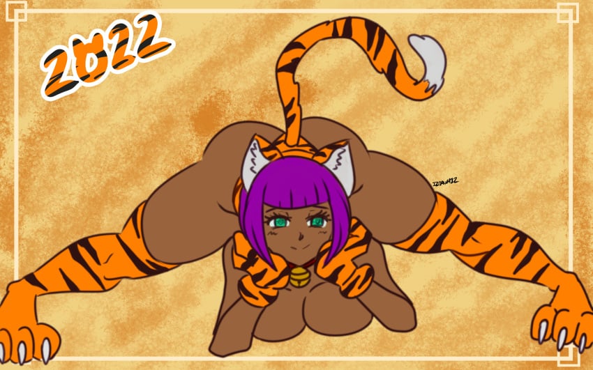 1girls capcom choker dark-skinned_female dark_skin female izdawhiz jack-o_pose menat purple_hair smiling solo street_fighter street_fighter_v tagme tail