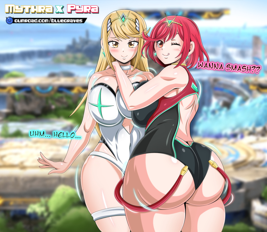 2girls alter_ego angry ass battlefield_(super_smash_bros) big_ass big_breasts big_thighs blonde_hair bluegraves blush breast_press breast_squeeze breasts bubble_ass censored cleavage clone clothed clothing corset curvaceous curvy curvy_figure digital_media_(artwork) doppelganger female female_only gold_eyes highres hips hourglass_figure huge_ass inviting large_breasts legs long_hair looking_at_viewer looking_back mythra nintendo open_clothes pyra red_clothing red_eyes red_hair revealing_clothes round_ass selfcest short_hair short_skirt smile standing super_smash_bros. tease thick thick_thighs thighs voluptuous white_clothing wide_hips xenoblade_(series) xenoblade_chronicles_2 yellow_eyes yuri