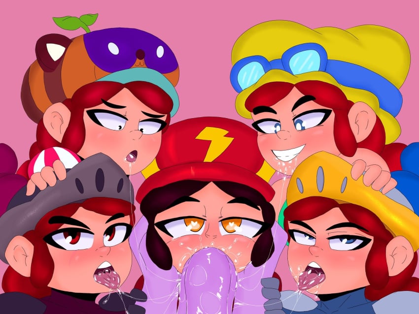 5girls blowjob blue_eyes brawl_stars dragon_knight_jessie_(brawl_stars) drooling heart_eyes jacksito_(artist) jessie_(brawl_stars) multiple_girls orange_eyes pink_background purple_penis red_dragon_jessie_(brawl_stars) red_eyes red_hair shadow_knight_jessie sucking summer_jessie_(brawl_stars) tanuki_jessie_(brawl_stars)