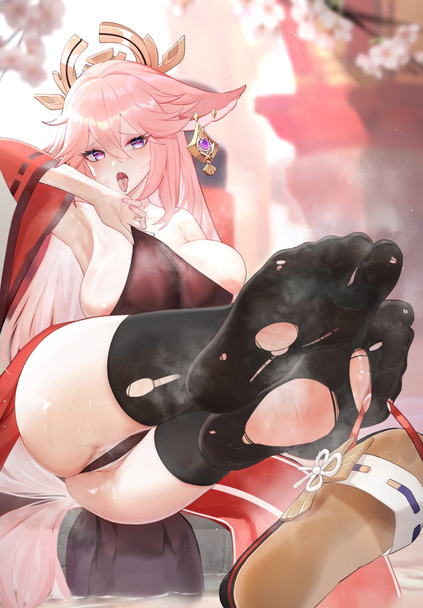 cute ear_piercing earrings feet feet_up foot_fetish footprint_on_sandals fox_ears genshin_impact heart-shaped_pupils japanese_clothes large_breasts pink_hair rope rope_bondage sweatprint tagme thighhighs tongue_out torn_legwear ursica wet wet_pussy yae_miko