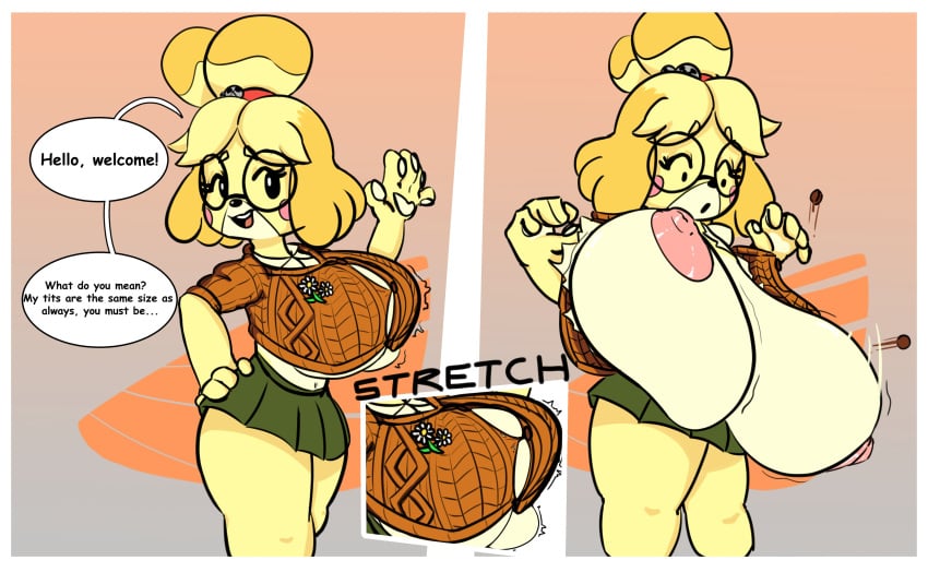 1girls animal_crossing anthro breast_expansion comic female female_only furry glasses huge_breasts hyper hyper_breasts isabelle_(animal_crossing) massive_breasts nintendo rymogrime sequence thick_thighs wardrobe_malfunction