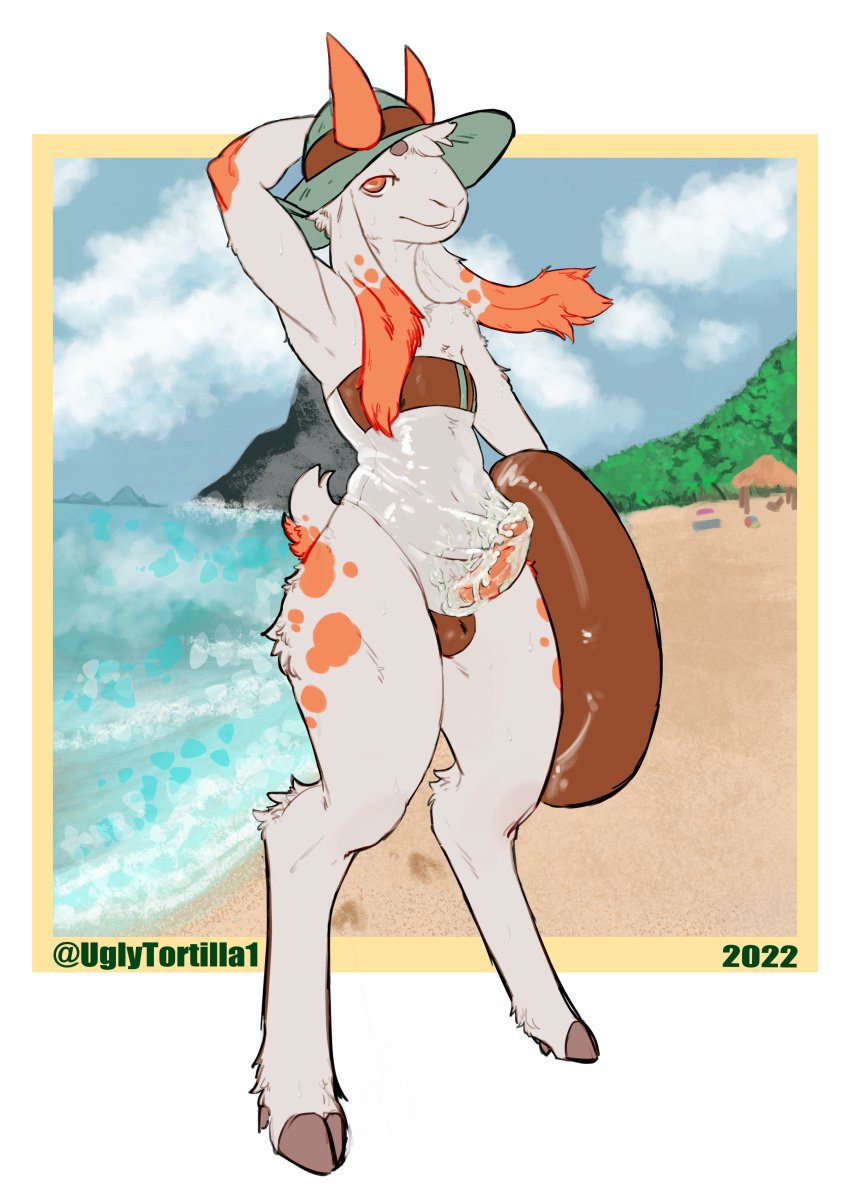 absurd_res anthro beach bodily_fluids bovid bulge caprine clothing cum cum_on_penis digitigrade erection fanta_(character) genital_fluids genitals goat gris_swimsuit hat headgear headwear hi_res long_ears male mammal meme meme_clothing one-piece_swimsuit penis seaside slightly_chubby solo swimwear thick_thighs translucent translucent_clothing translucent_swimwear ugly_tortilla