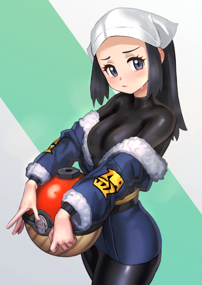 1girls akari_(pokemon) blue_eyes blue_hair blush breasts clothed clothing female hat kilye_4421 kirie_kairi legs long_hair looking_at_viewer medium_breasts nintendo pokeball pokemon pokemon_(game) pokemon_legends:_arceus safe solo solo_female solo_focus spandex standing sweat sweatdrop wallpaper